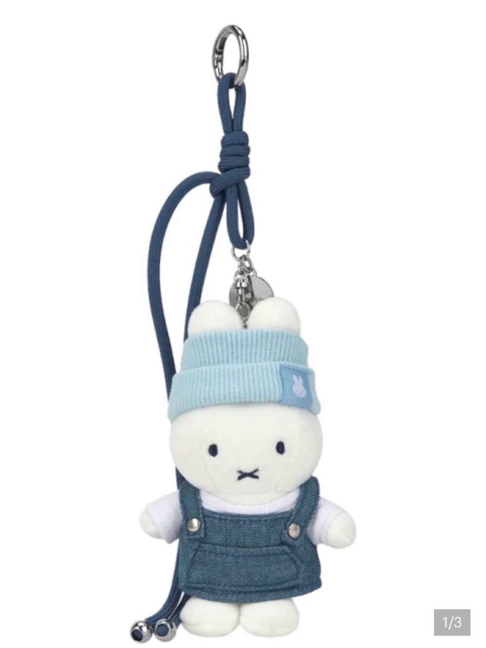 miffy White Plush Keychain with Light Blue Beanie and Denim Outfit